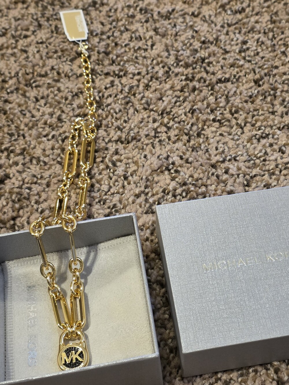 Michael Kors Gold Tone MK Padlock Link Necklace with Black Accent/ Bnwt